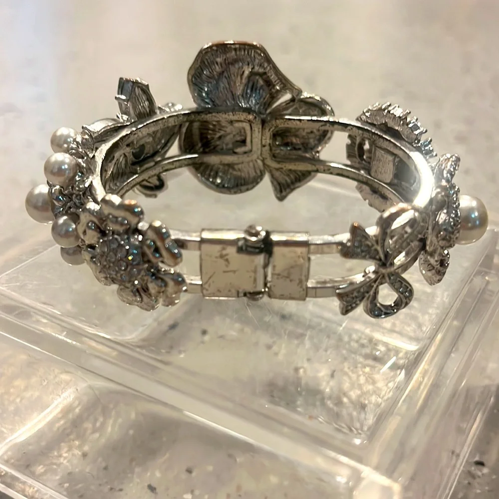 SILVER TONE FLORAL CUFF BRACELET WITH FAUX PEARLS AND RHINESTONES